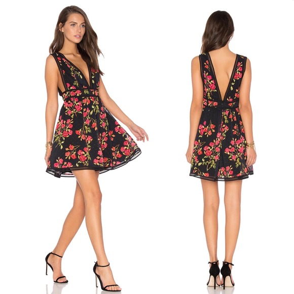 NBD Isaac Mini Dress Black Red Floral Fit and‎ Flare Swiss Dot Sz XS - Picture 1 of 12